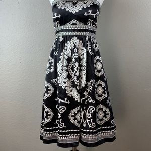 WHBM Silk Black & White Print Strapless Dress